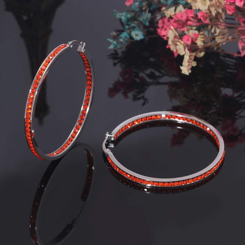 CiNily Ladies Earring Hoops Stainless Steel Hoop Earrings for Women Red Cubic Zirconia Large Big Hoop Earrings 2" - Image 4